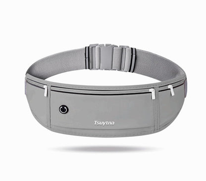 TSUYTNA Running Belt for Women & Men - Slim Phone running belt with Water-Resistant Phone Holder, 3 pockets Adjustable Waist Strap, Reflective Safety Design for Running, Hiking, Travel，Fitness (Grey)