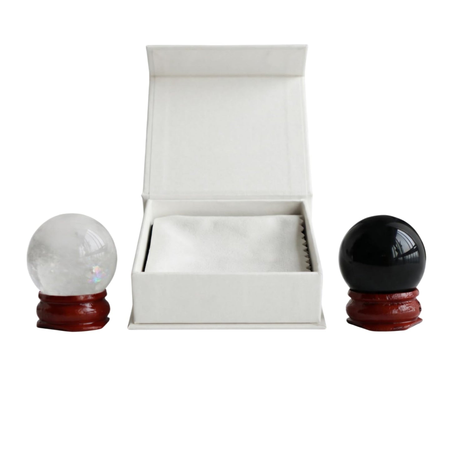 Natural Clear Crystal Ball Sphere with Red Wooden Stand Hand-Carved Quartz Gemstone Home Decor Office Desk Ornament Yoga Meditation Mindfulness Zen Decor Gift ((Clear Quartz+Obsidian) Gift Box Set)
