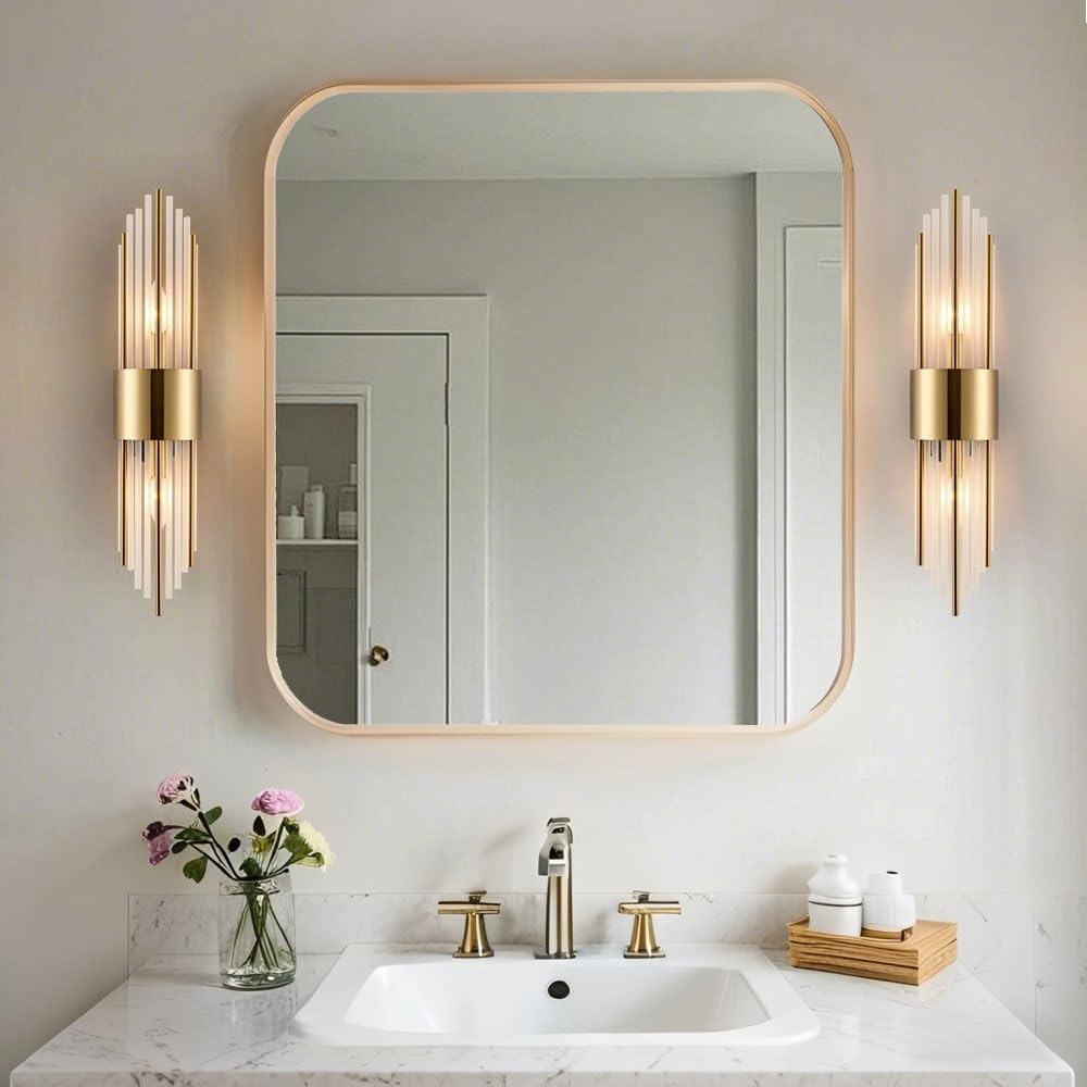 SHAWNKEY 2-Light Modern Crystal Wall Sconces Titanium Gold Vanity Wall Light with Frosted Glass Luxury Set of 2 Wall Light Fixtures for Bedroom Living Room Dining Room Vanity Mirror Light