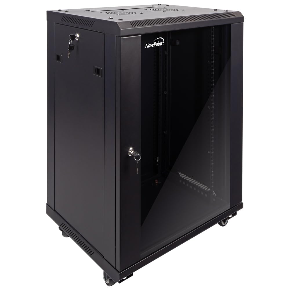 NavePoint 15U Server Cabinet Wall Mount Rack Enclosure with Caster Wheels, Includes 2 Fans, Locking Glass Door, Removable Side Panels – 15U Network Cabinet 17.7” Deep, 19”Server Rack for IT Equipment