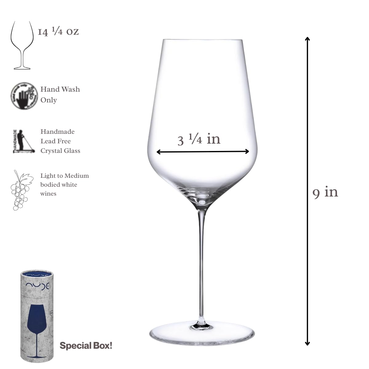 Nude Stem Zero Trio White Wine Glass 14.25 oz, Crystal Clear Wine Glass, | Lead - Free |, Stem Unique Modern Wine Glasses, Perfect for Cocktail