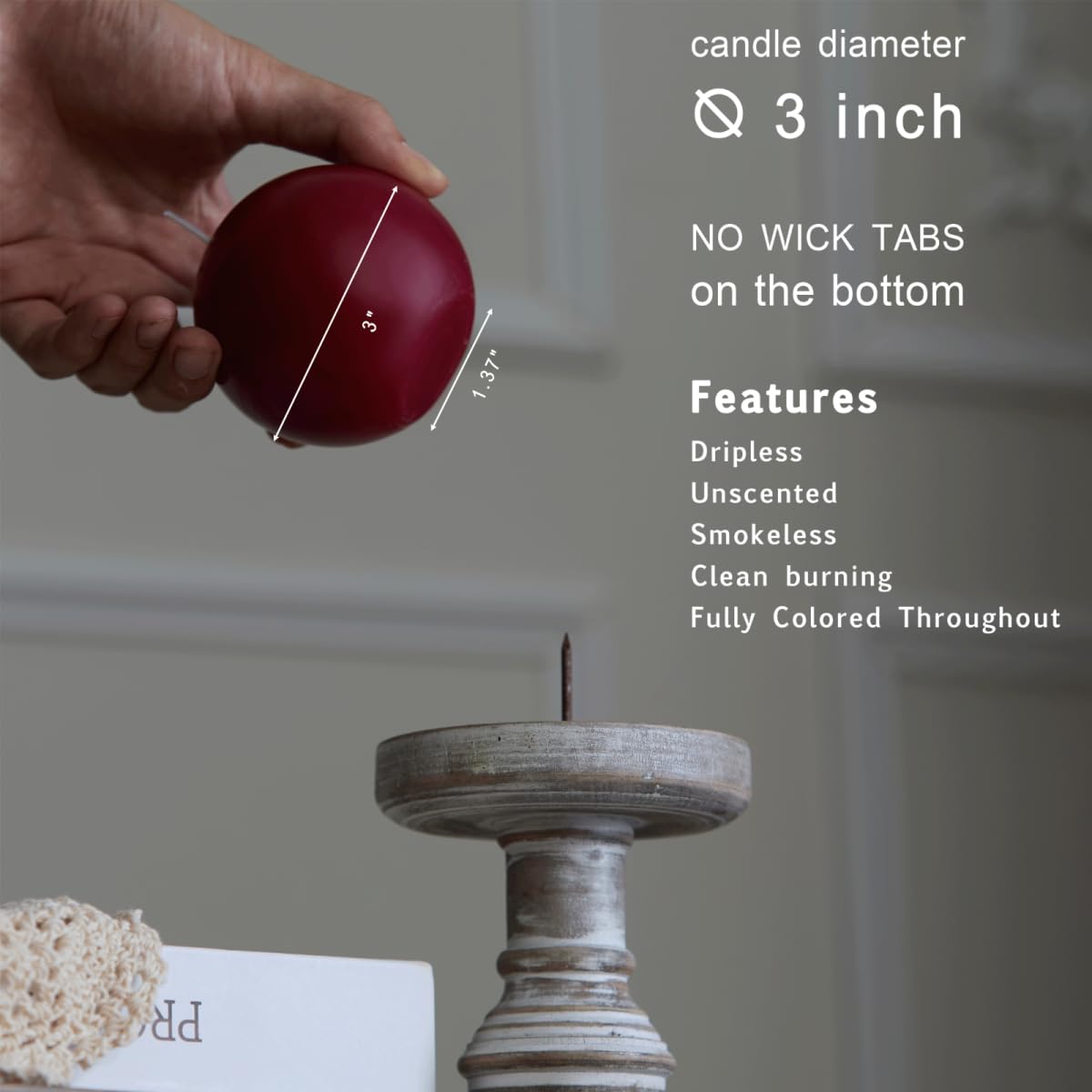 MOZEAL Hand-Poured, 3 Inch Dark Red Round Ball Candles - Elegant Dark Red Round Pillar Candles Set of 3, Dripless, Unscented, Smokeless, Ideal for Intimate Gatherings.