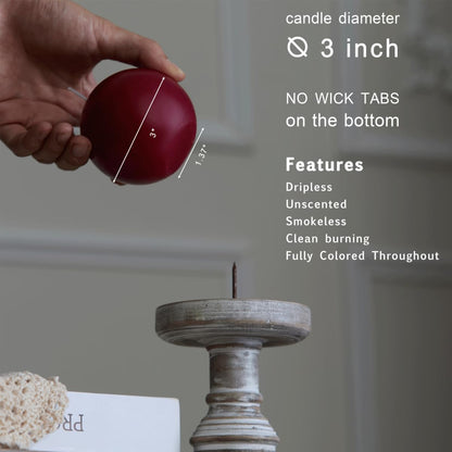 MOZEAL Hand-Poured, 3 Inch Dark Red Round Ball Candles - Elegant Dark Red Round Pillar Candles Set of 3, Dripless, Unscented, Smokeless, Ideal for Intimate Gatherings.