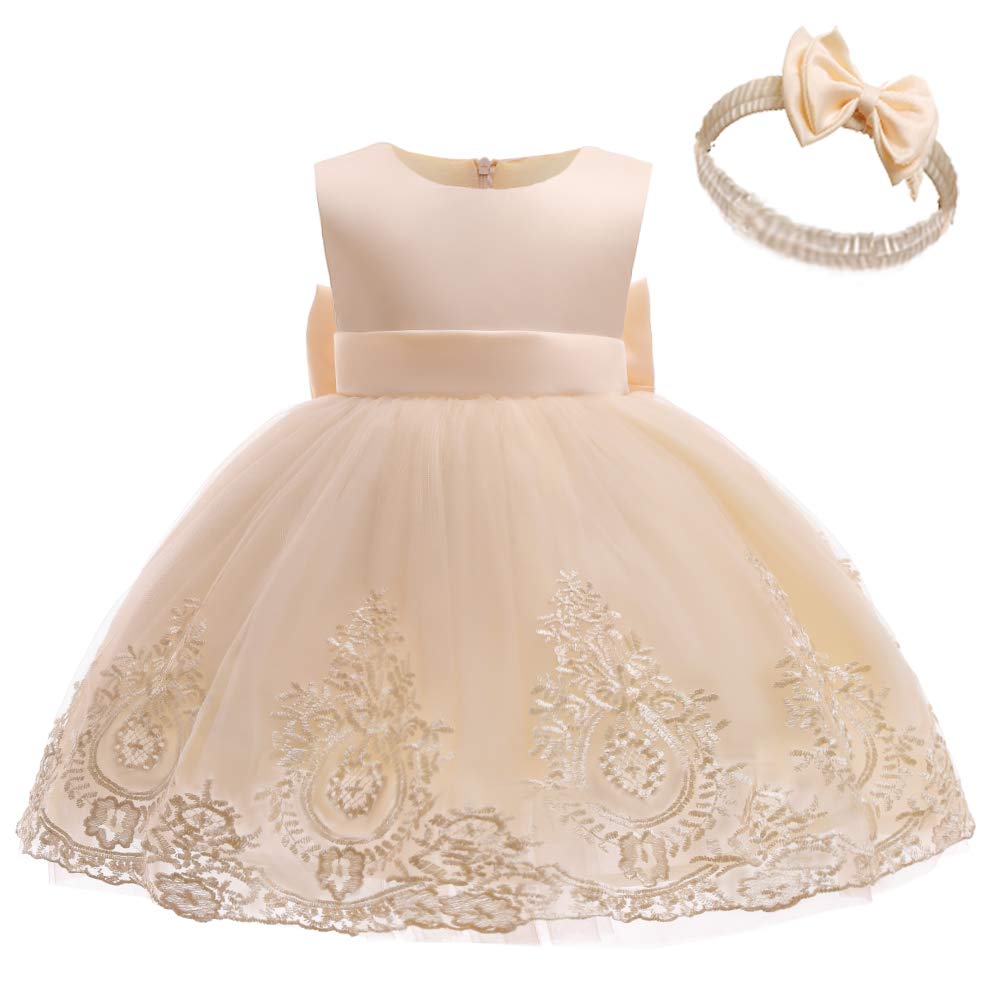 CMMCHAAH Princess Girl Lace Embroidery Bow Toddler Dresses Cute Sleeveless Prom Dresses Baby Frocks (Champagne,110)