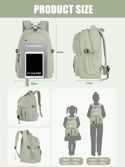 FIORETTO Lightweight School Backpack Womens, Cute School Bag for Teenager Girls, 14 Inch Laptop Rucksack Casual Daypack Backpack for Travel College Work Green