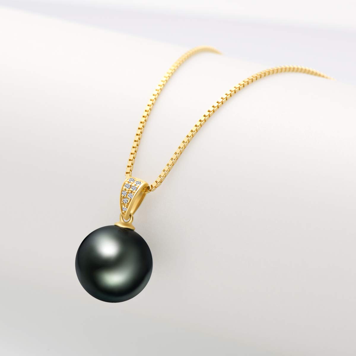 DENGGUANG 18K Gold Natural Black Pearl Necklace Pendant with Diamond 10-11mm Genuine Tahitian Cultured Round Pearls Pendant for Women with 18" Silver Chain - Rose Gold