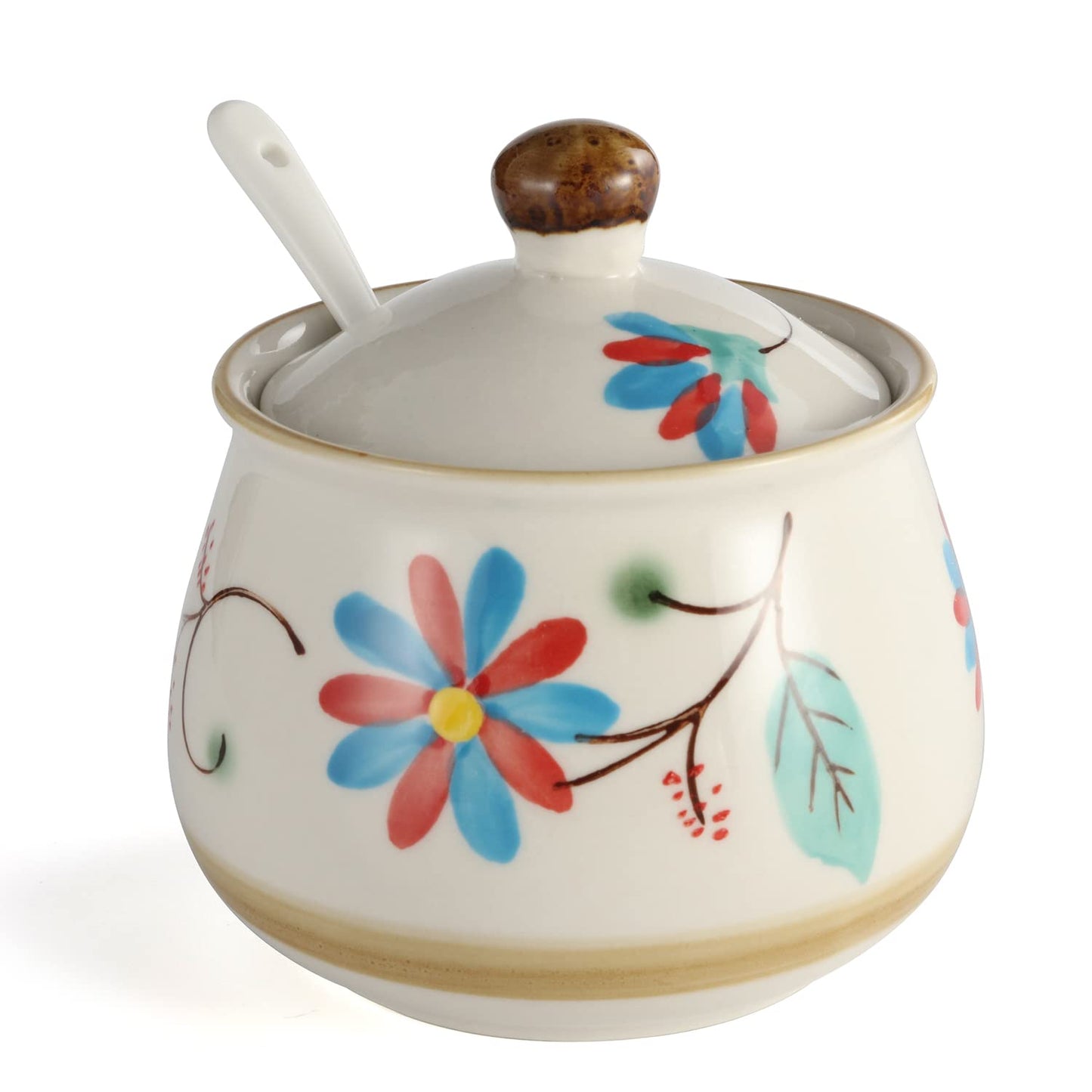 Evannt Porcelain Sugar Bowl Set of 2 Porcelain Sugar Jar with Lid and Spoon Sugar Canister Storage Container for Sugar Salt Spice Pepper Condiment (Style 2)