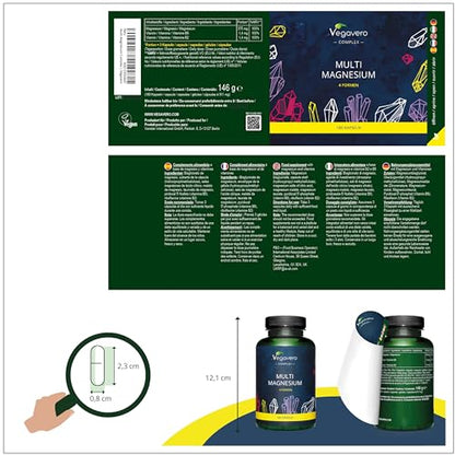 Vegavero Advanced Multi Magnesium Complex | with 4X Chelated Forms: Citrate, Bisglycinate, Malate & Taurate | Vitamins B6 & B2 for Superior Absorption | 180 Vegan Capsules | NO Additives