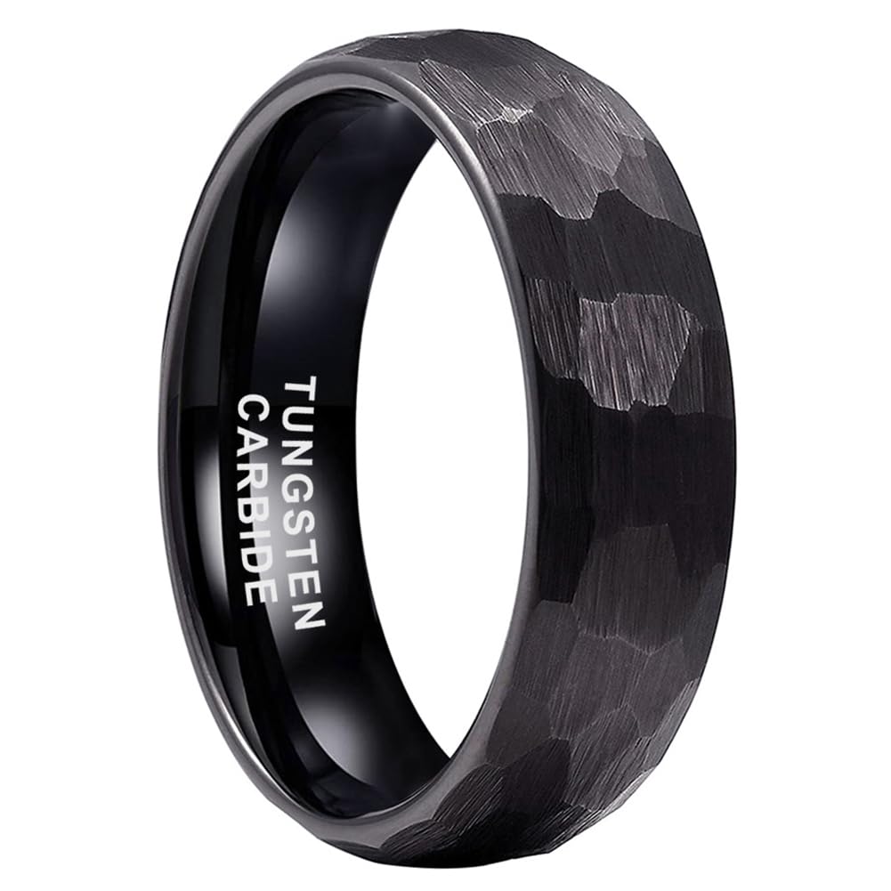 TUTISS 6mm Black Hammered Tungsten Rings for Men Women Fashion Engagement Wedding Bands Domed Matte Finish Comfort Fit Size 9.5