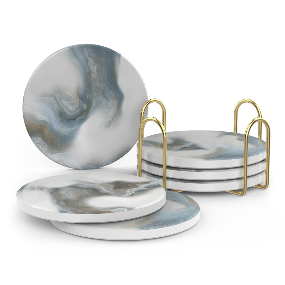 UMIRRO Absorbent Coasters for Drinks with Holder | Ceramic Stone Cup Coasters for Coffee Table | Modern Decorative Mat in Ocean Blue and Grey | Set of 6
