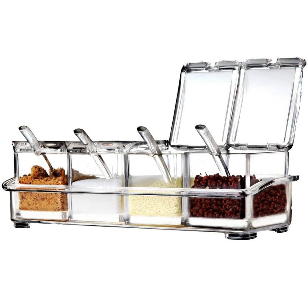 LOYUYU Seasoning Box, Seasoning Rack Spice Pots, Storage Container Condiment Jars, 4 Piece Clear Acrylic Cruet with Cover and Spoon Transparent