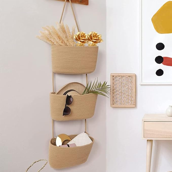 TeoKJ Over the Door Hanging Basket, 3-Tier Woven Cotton Wall-Mounted Storage