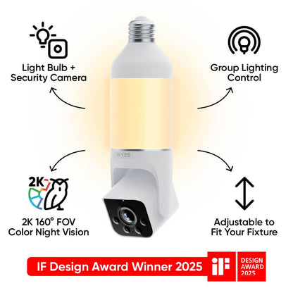 WYZE Bulb Cam Security Camera, 2K HD Outdoor Light Bulb Camera, Color Night Vision, Dimmable LED Bulb, Motion Detection, Siren Alarm, Works w/Alexa/Google Assistant. Free Expert Support