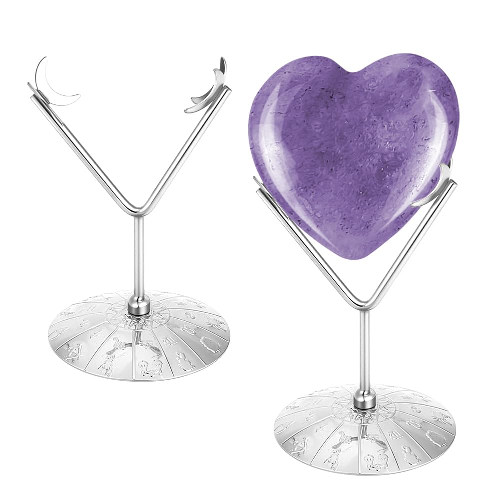 AHANDMAKER 2Pcs Rock Display Stand, Metal Heart Shape Crystal Display Holder Small Crystal Ball Holders for Gemstones Spheres Geodes Rocks Fossils Marbles Home Office Decor, Platinum