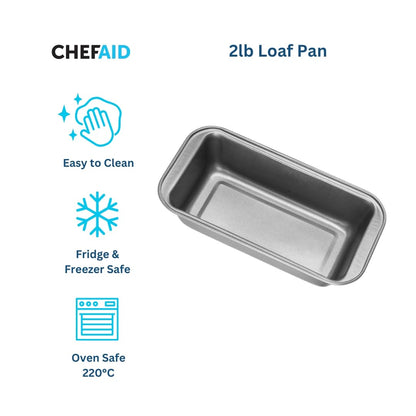 Chef Aid Non-Stick 2lb Loaf Tin, 900g Rectangular Bread pan, 25.3cm x 13cm x 6cm. Ideal for Bread, Loaves, Cakes and Bakes. Handwash, Fridge and Freezer Safe, Grey