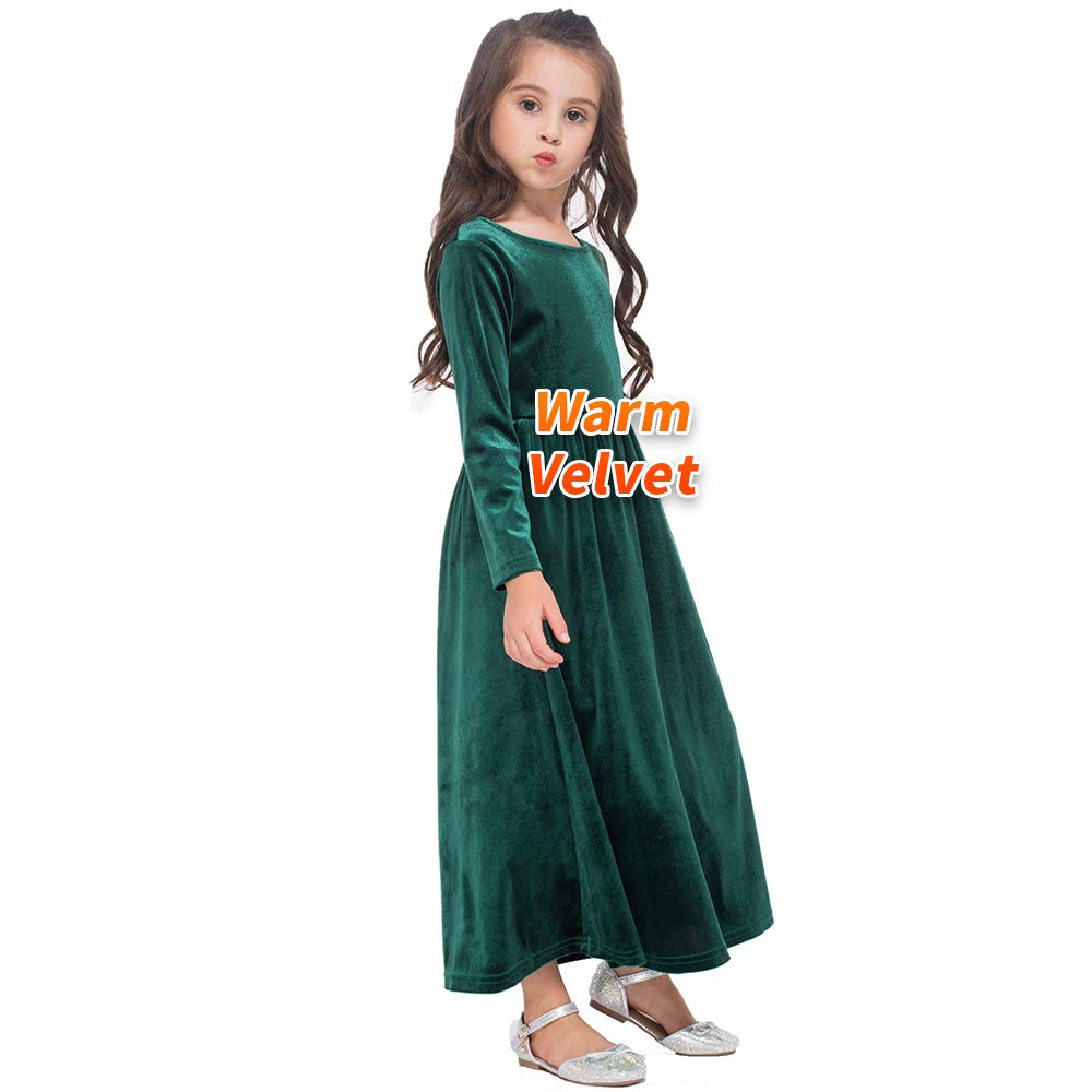 GAZIAR Girls Maxi Velvet Dress with Pockets Long Sleeve Casual Dress Party Dress for Evening Gown Christmas Wedding Holiday Green Large