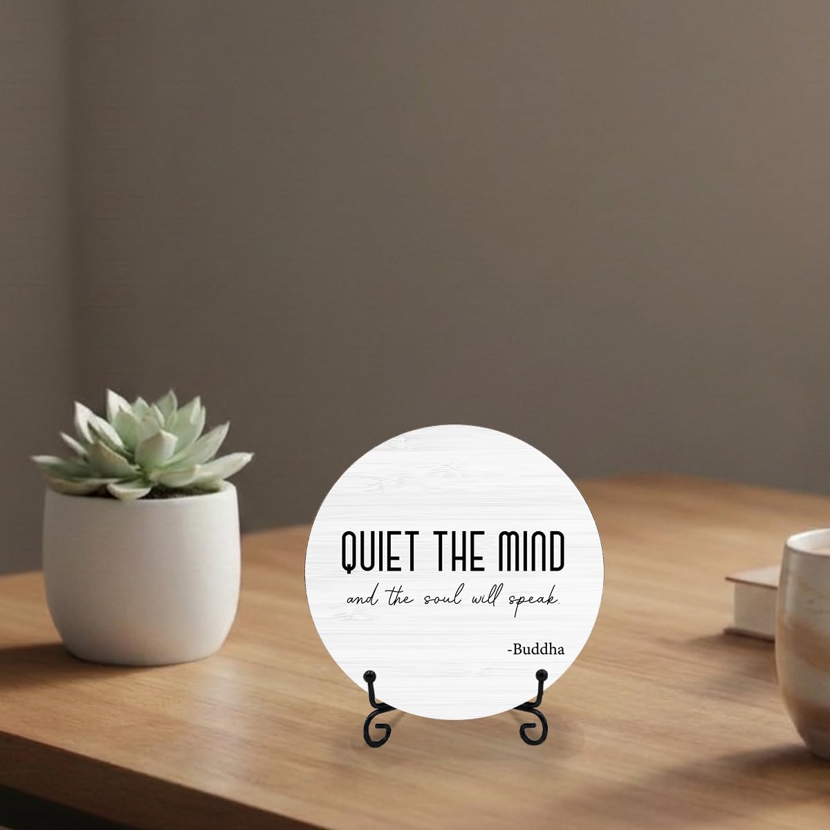 Zen Decor, Meditation Accessories, Spiritual Decorations, Zen Meditation Gifts for Office Yoga Room Bedroom Decors, Quiet The Mind And The Soul Will Speak Sign Round Wood Plaque with Support Stand
