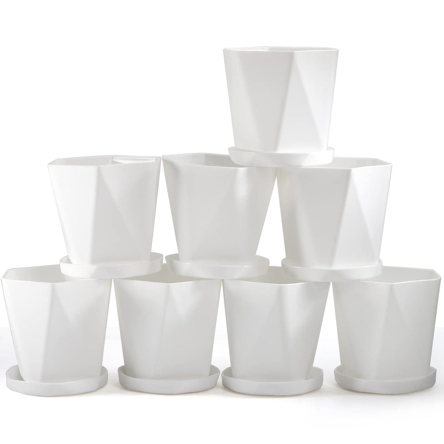 Foraineam Plastic Planters, Set of 8 White 5 inch Flower Pots with Drainage Holes and Trays, Suitable for Indoor and Outdoor Gardening