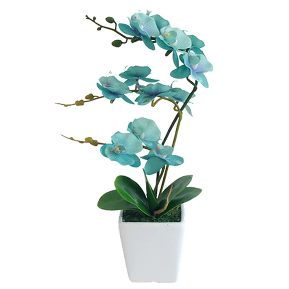 YSZL 15 Inches Tall Artificial Silk Phalaenopsis Orchid Flower Plant Pot Teal Arrangements (Golden Blue)