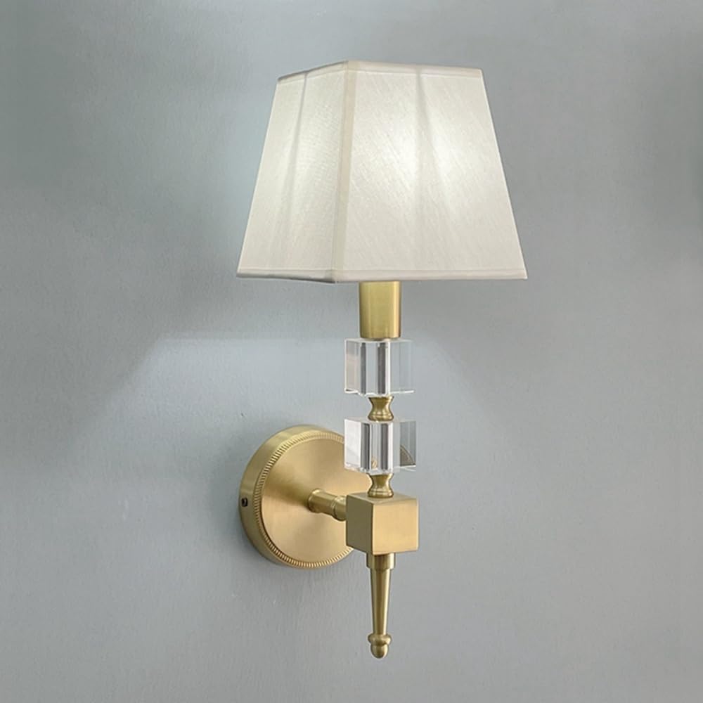 SHINELIGHTAN Brass Cube Crystal Sconce with Fabric Lampshade 1 Light Wall Lighting Modern Wall Mounted Lamp for Living Bedroom Room Light Fixture