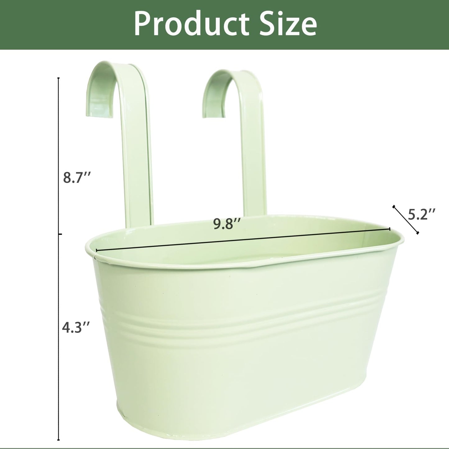 Joyfernal Balcony Hanging Planters Flower Pots, 10" Metal Flower Pots for Outdoor Balcony Rails, Fence Pot Hanging Plant Holders with Detachable Hooks for Garden Patio Yard Decor (Mint Green, 2Pcs)