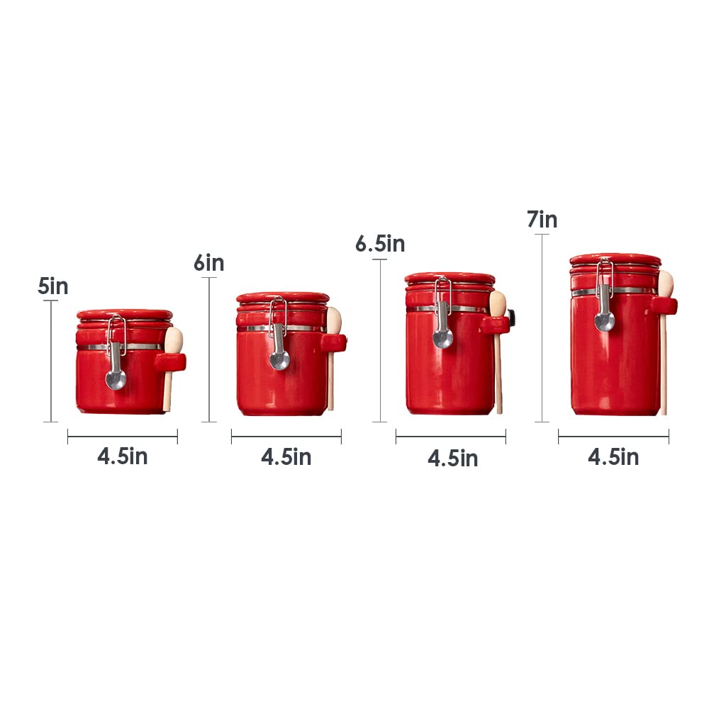 Canister Sets For The Kitchen (4 Piece Set) Red, High Gloss Ceramic | By Home Basics | Decorative | With Wooden Spoons, Countertop Set For Flour, Sugar, Coffee, and Snacks