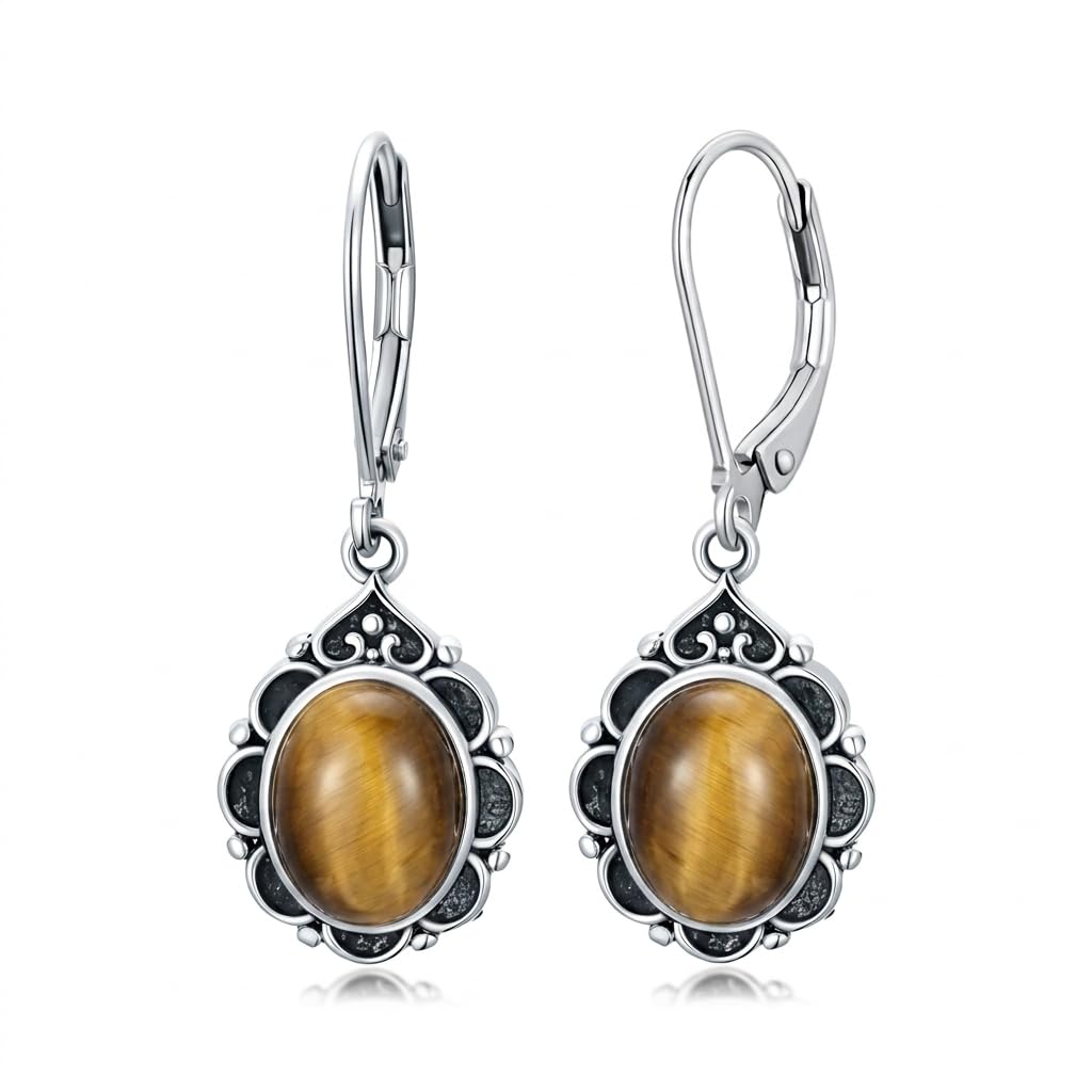Tiger Eyes Drop Earrings for Women 925 Sterling Silver Vintage Oval 9x7mm Filigree Leverback Dangle Earrings, Gothic Victorian Antique Jewelry Gifts
