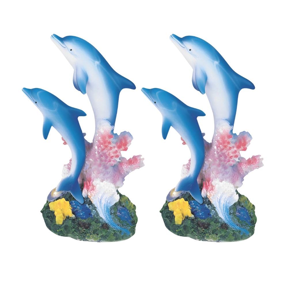 ICE ARMOR 2-PC Gift Set 5" H Blue Dolphins Swimming Around Pink Coral Figurine Statue Ornament Home Room Office Decor Ideas for Housewarming, Holidays and Birthdays