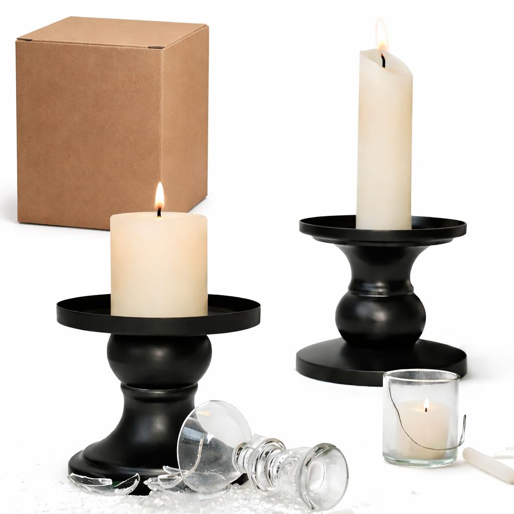Matte Black Iron Pillar Candle Holders, 2pcs Reversible Design for Pillar & Taper Candles, Living Room Dining Table Fireplace Decor, Meditation, De-Stress, Romantic Ambiance