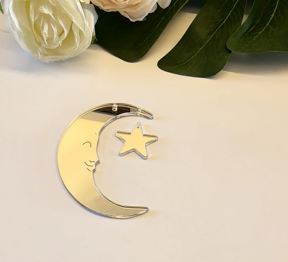 Set of 20 Crescent Moon and Star,Christmas Moon and Star Hanging Ornament for Window &Christmas Tree Decoration (Siver Mirror)