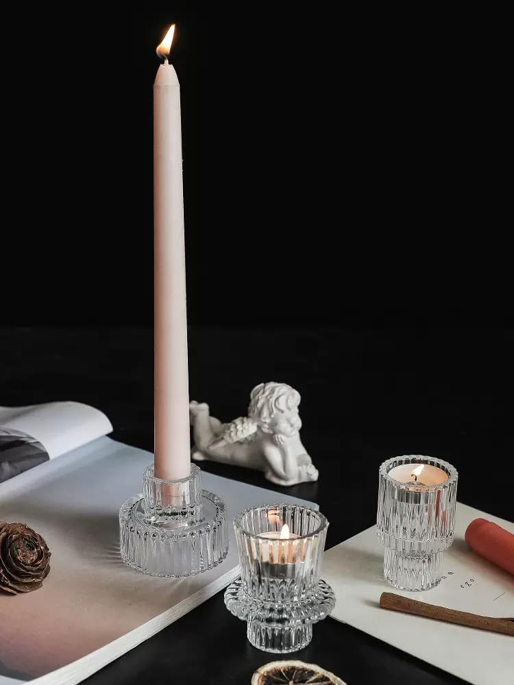 Vixdonos Glass Candlestick Holders Tealight Candle Holders for Table Centerpieces, Wedding Decor and Dinner Party (6 Pcs, Clear)