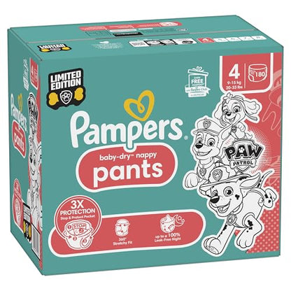 Pampers Baby-Dry Nappy Pants Paw Patrol Edition Size 4, 180 Nappies, 9kg-15kg, with Our 360° Pants Fit to Help Prevent Leaks