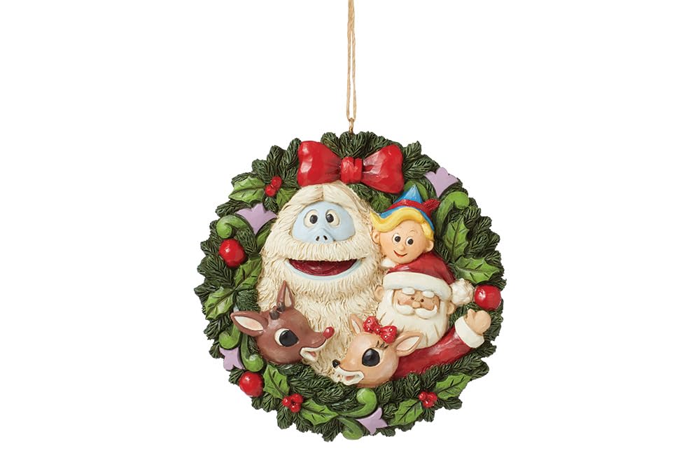 Enesco Rudolph Traditions by Jim Shore Characters in Wreath Hanging Ornament, 3.74 Inch, Multicolor