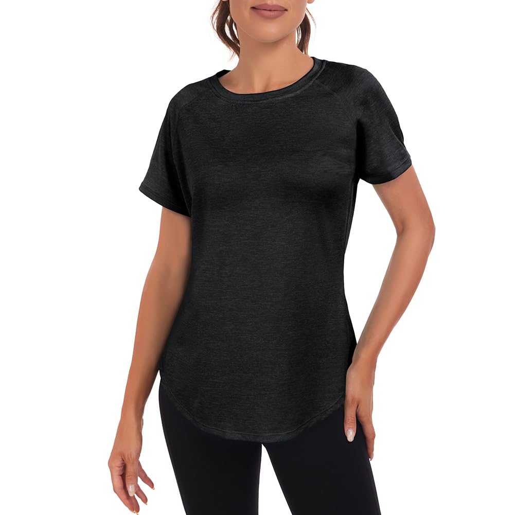 Jlowesun Women's Long Gym Tops Ladies Sports Running T-Shirt, Short Sleeve Summer Quick Dry Fitness Athletic Workout Yoga Loose Plus Size Activewear for Exercise T Shirt