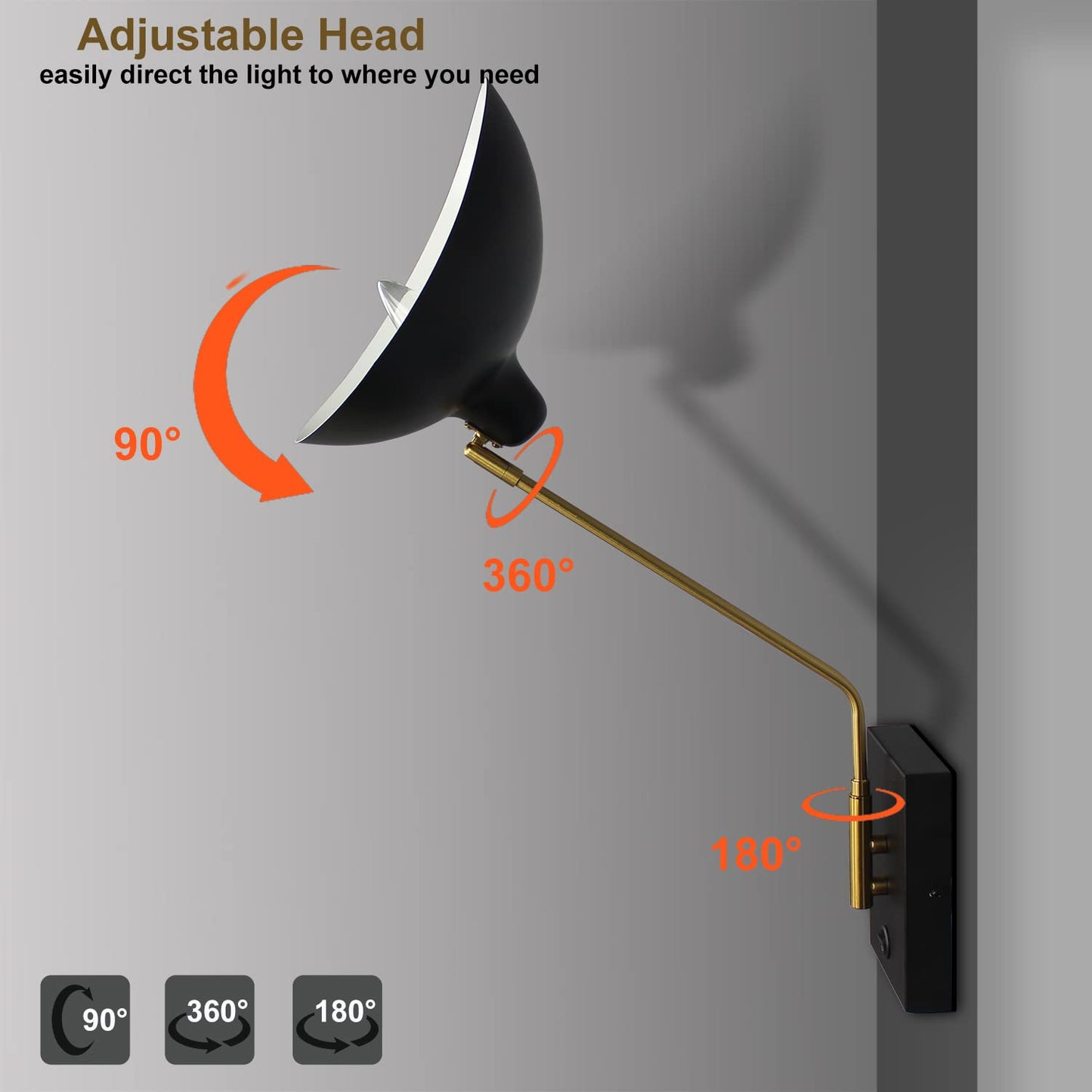 CLAXY Plug in Wall Sconces Swing Arm Wall Mounted Lighting Matte Black