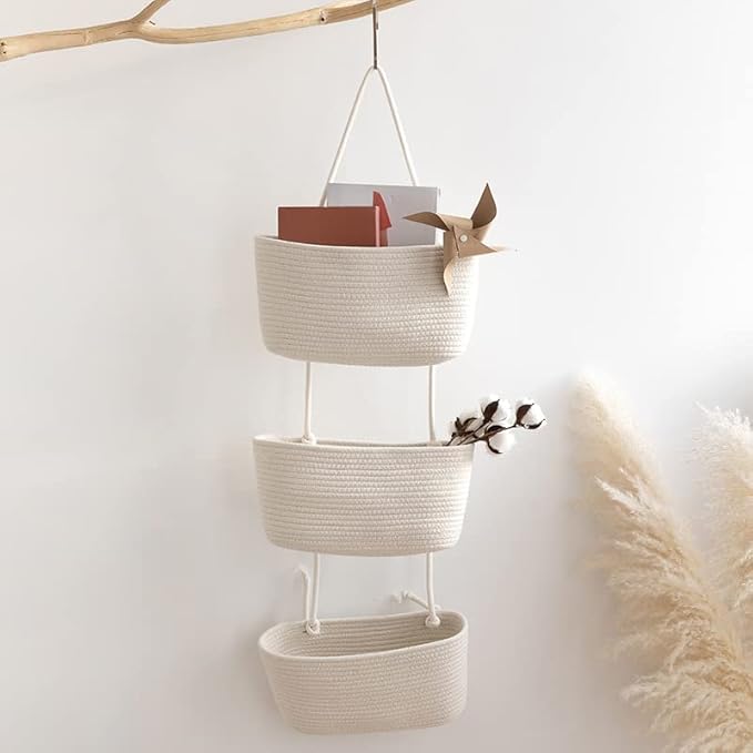 TeoKJ Over the Door Hanging Baskets, 3-Tier Woven Cotton Storage Organizer Bag