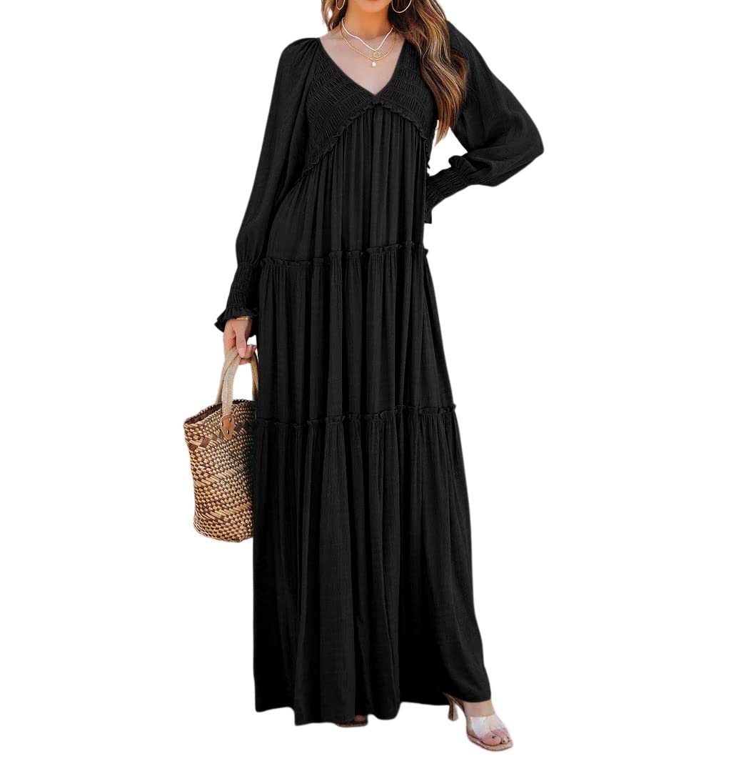 R.Vivimos Maxi Dress for Women Long Sleeve V Neck Empire Waist Layered Ruffle Boho Casual Flowy Long Dresses
