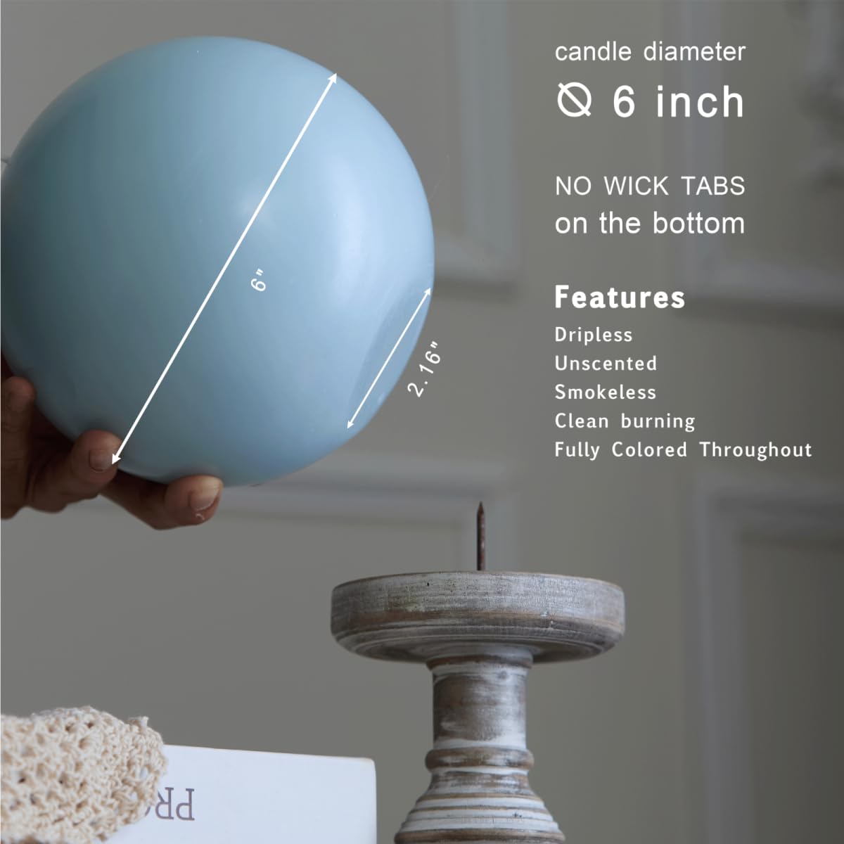 MOZEAL Hand-Poured, 6 Inch Baby Blue Large Round Ball Candles - Elegant Baby Blue Round Pillar Candles, Dripless, Unscented, Smokeless, Ideal for Baby Showers.