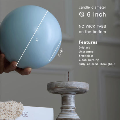 MOZEAL Hand-Poured, 6 Inch Baby Blue Large Round Ball Candles - Elegant Baby Blue Round Pillar Candles, Dripless, Unscented, Smokeless, Ideal for Baby Showers.
