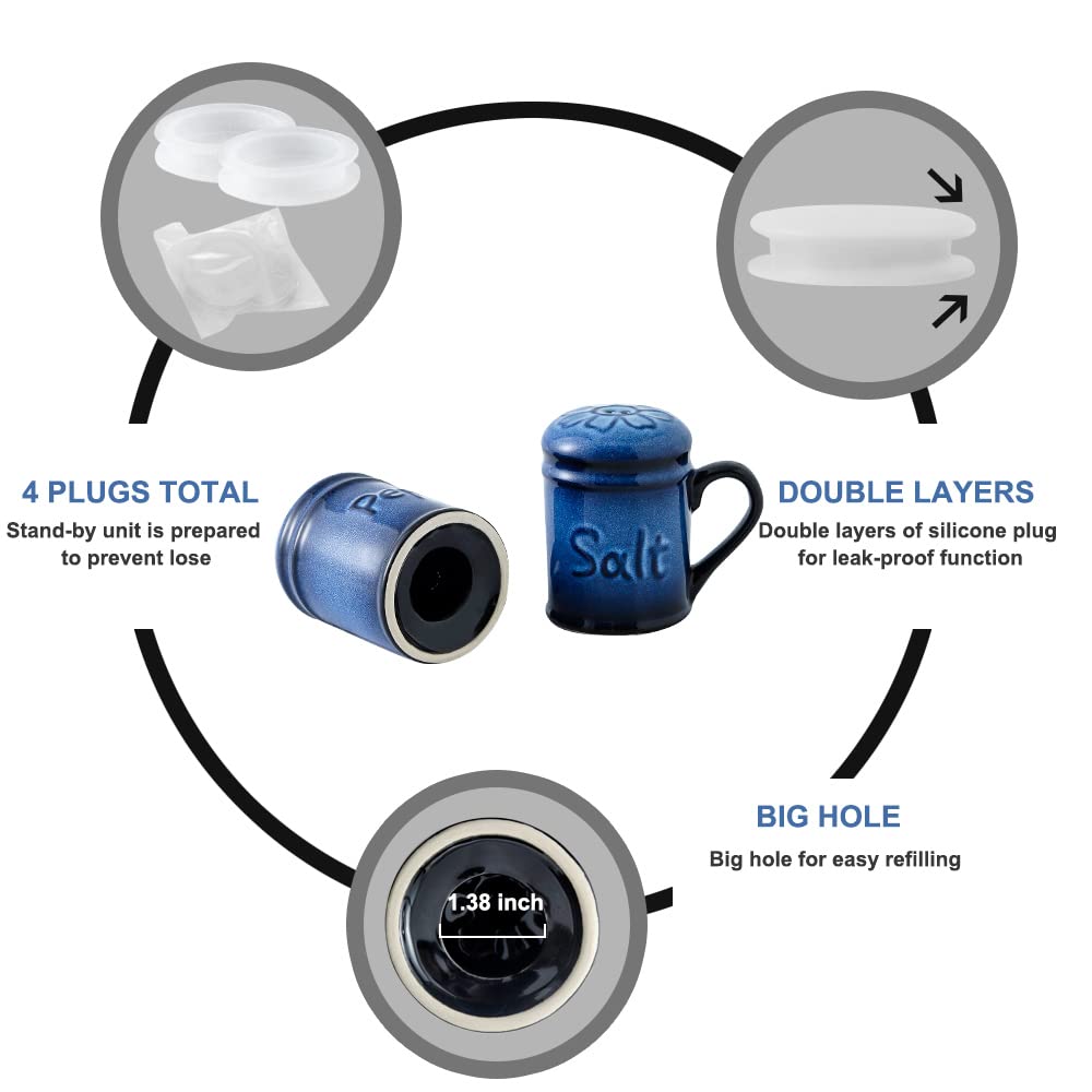 Nihow Ceramic Cute Salt and Pepper Shakers Set: 2.6 Inch Salt and Pepper Set/Sugar Salt Shaker with Handle for Counter -Resist Rusting Seasoning Shaker -Elegant Black & Blue (Set of 2)