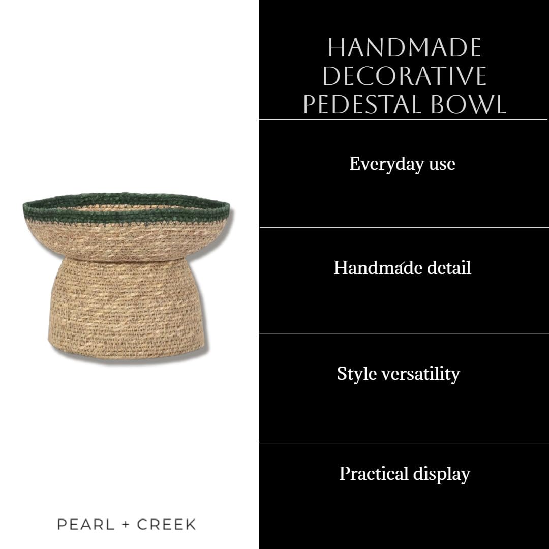Lagena Decorative Pedestal Bowl, Handwoven Natural Grass Key Bowl and Fruit Bowl, Entryway Table Decor, Coffee Table and Bookshelf Styling, Boho and Farmhouse Home Decor, Green Trim, 8in Wide 6in Tall