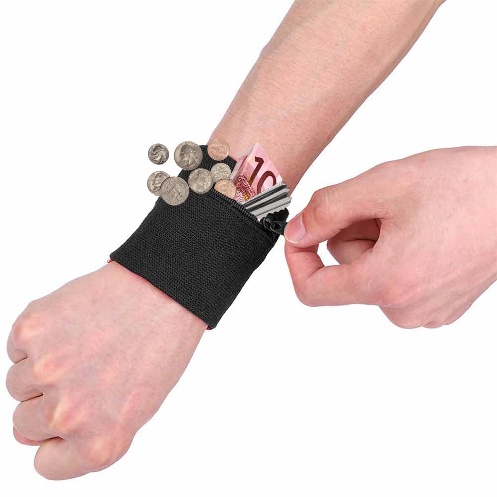 Wrist Band Wallets, Sweat Bands Wristbands Health Gear Sport Coin Keys Storage Pouch Wallets Breathable Pocket Sweatband Wallet with Zipper for Gym Running Basketball Hiking Jogging Black