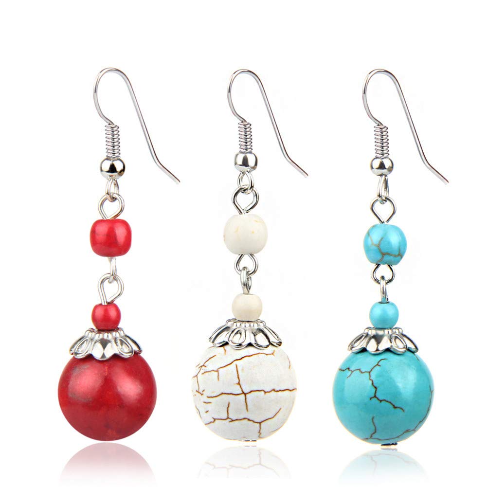 Turquoise Earrings Natural Stone Round Bead Ball Dangle Earrings for Women Fashion Jewelry Gift (J:blue)