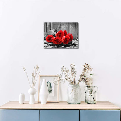 YMYXMC33 Red Rose Flower Picture Decor Wall Art Canvas Print Black and White Poster Country Love Decoration Bedroom Bathroom12x15
