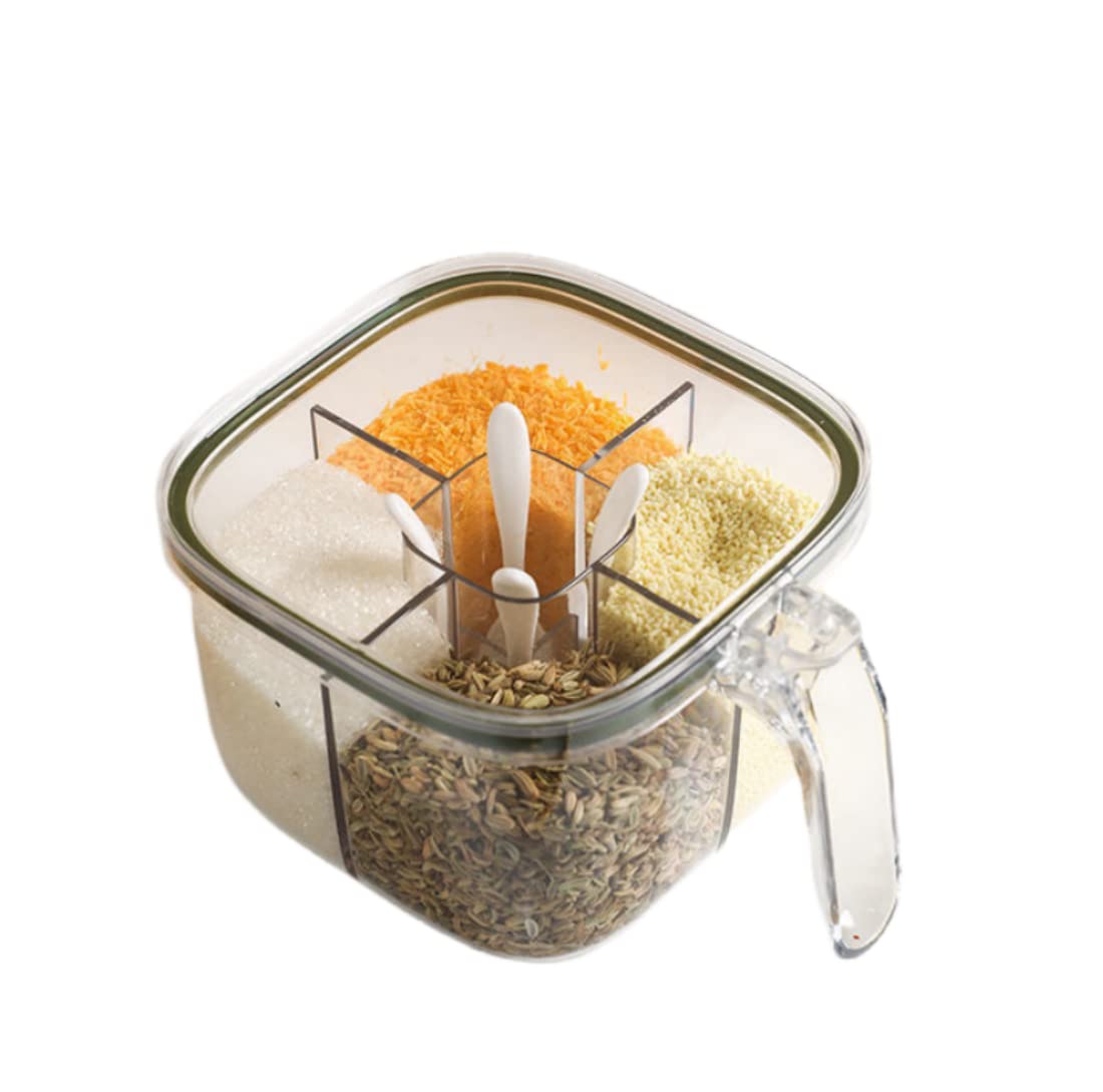 Brand Clear Box, 4-Compartment Sealed Container Set with Lid, Cover & Serving Spoons, Plastic Kitchen Condiment Jars to Store Salt, Pepper, Powder
