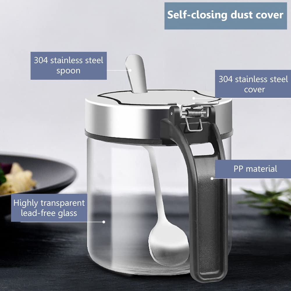 YMYL 4 Pcs Glass Condiment Jars Spice Containers with Stainless Steel Lids, Serving Spoon and Base Rack, 10oz Clear Seasoning Jars Coffee Sugar Pepper Salt Bowls for Kitchen Organization (4 Jars Set)