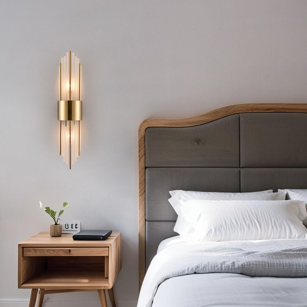SHAWNKEY 2-Light Modern Crystal Wall Sconces Titanium Gold Vanity Wall Light with Frosted Glass Luxury Set of 2 Wall Light Fixtures for Bedroom Living Room Dining Room Vanity Mirror Light