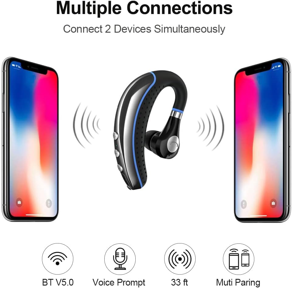 LSAPT Bluetooth Headset V5.0 Wireless Bluetooth Earpiece with Noise Canceling Mic for Cell Phone Ultralight Business Earphone for Driving/Trucker/Office Earbus for Android/iPhone/Smartphone-Blue