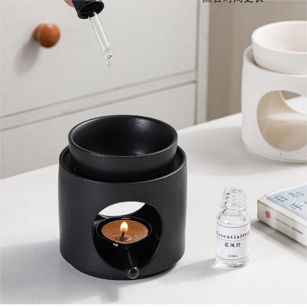 Warmself Hand Made Large Capacity Essential Oil Burner Wax Melt Burners, Aromatherapy Aroma Burner Ceramic Oil Diffuser Candle Tealight Holder Home Bedroom Decor-Black