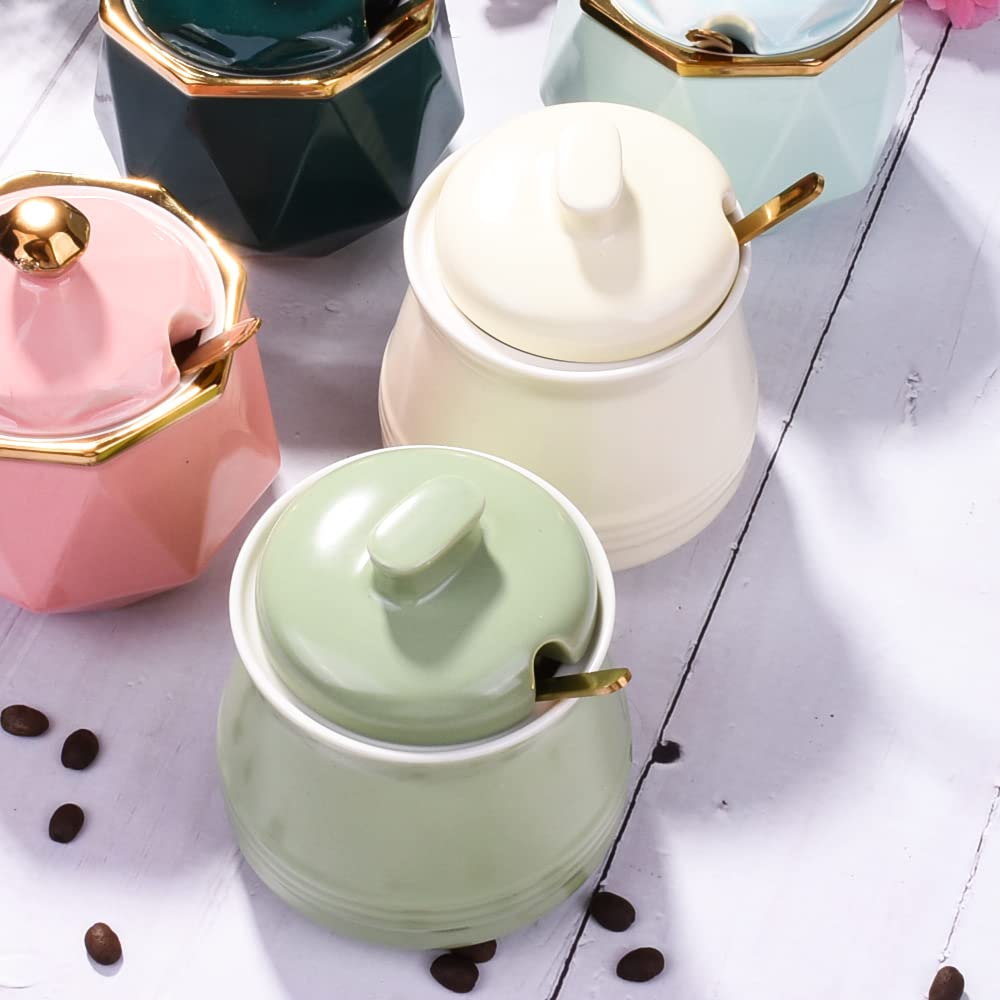 Sugar Bowl with Lid and Spoon, Ceramic Sugar Bowl,Multi-Function Sugar Container Spice Container Salt Jar Condiment Bowls Sugar Jar for Kitchen Storage Organization (Yellow)